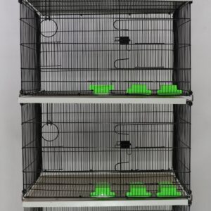 "Black Sarib & Master 4-portion breeding cage, size 30x24x18 inches, powder-coated folding wire cage with green plastic feeders and white trays."